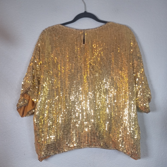Vintage Silk Gold Sequined Made In India Dolman Sleeve Metallic Crew Neck L - Picture 6 of 12